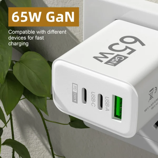 PD 65W USB C Charger GaN Charger Quick Charge 3.0 Type C Phone Adapter For iPhone 15 14 Samsung Xiaomi 3 Ports Fast Wall Charger - Image 4