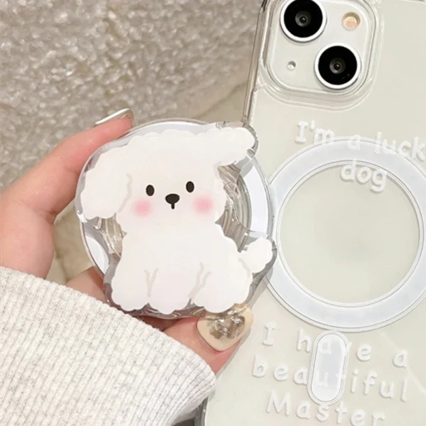 Korea Cute White Dog For Magsafe Magnetic Phone Grip Tok Griptok Stand For iPhone 15 Foldable Wireless Charging Case Holder Ring