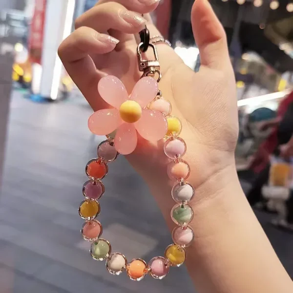 Colored bead petal Lanyard for IPhone Anti-Lost Bracelet for Samsung Mobile Phone Case Wrist Strap Car Keychain Cute Phone Charm - Image 2