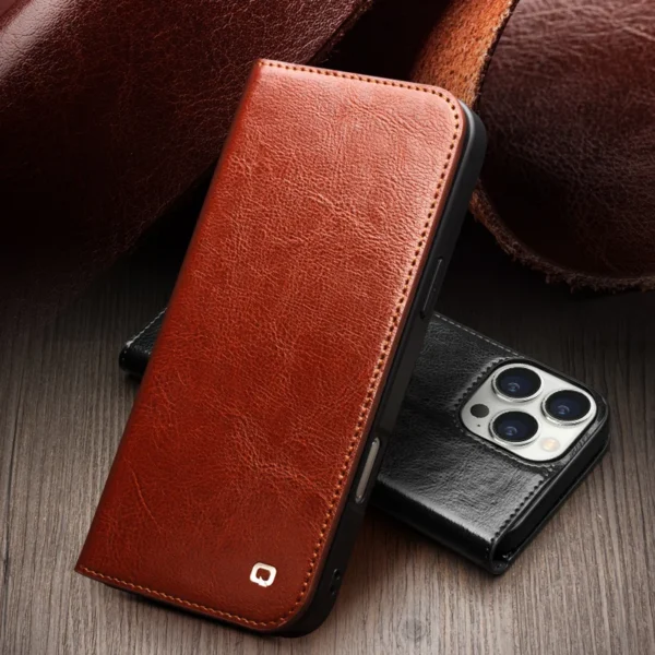 QIALINO Genuine Leather Flip Case for iPhone16 Plus Bracket Handmade Business Cover with Card Slots for iPhone 16 Pro Max/16 Pro