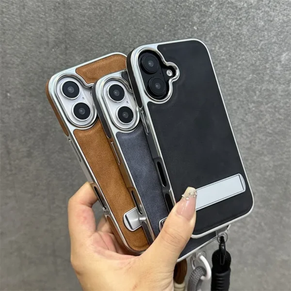 Business Plating Leather Case for iPhone 16 15 11 12 13 Pro Max 16 Plus Wrist Strap Hand Chain Kick-stand Fold Bracket PC Cover - Image 6