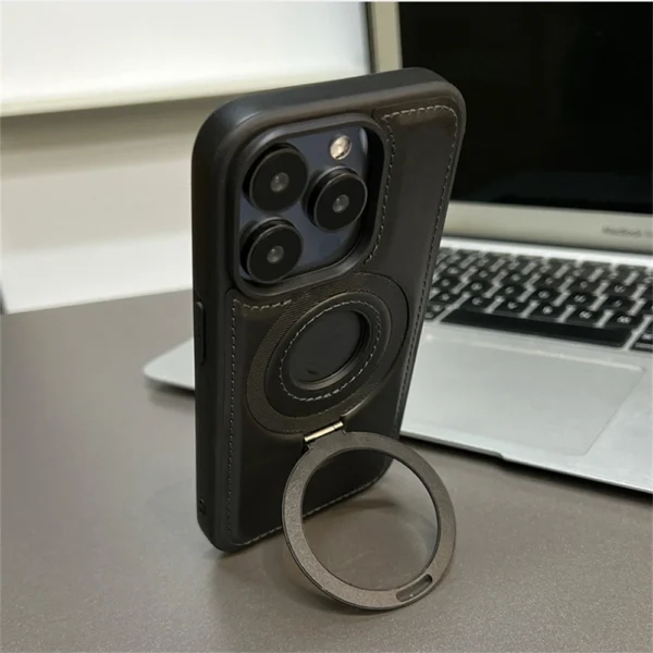 Luxury Magnetic Stand Ring PU Leather Phone Case For iPhone 16 15 14 13 12 Pro Max Magsafe Wireless Charging Hollow Logo Cover - Image 3