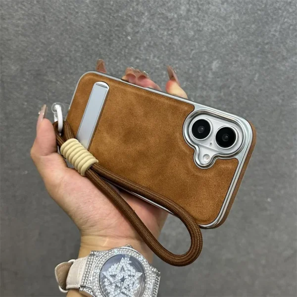 Business Plating Leather Case for iPhone 16 15 11 12 13 Pro Max 16 Plus Wrist Strap Hand Chain Kick-stand Fold Bracket PC Cover - Image 3