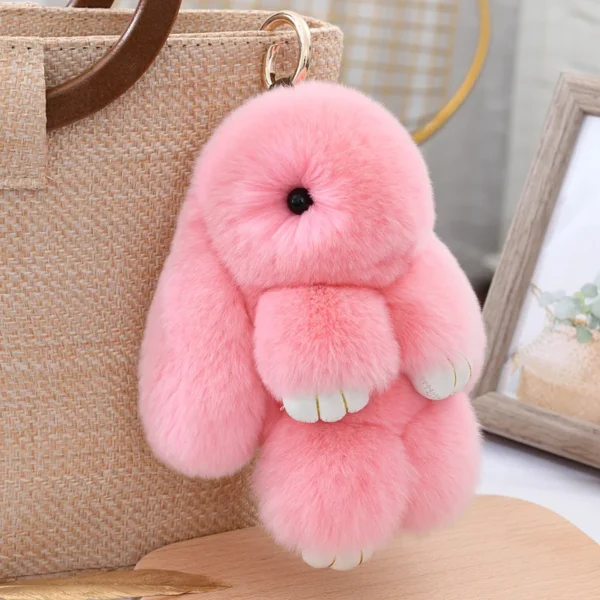 Fluffy Cute Bunny 18CM Real Fur Keychain Rex Rabbit Pom Pom Gift Toy Doll Women Bag Pendant Charm Car Key Keyring Metal ring - Image 3