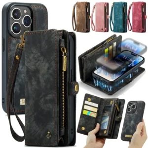 CaseMe Magnetic Flip Leather Phone Case for iPhone 16 Plus 15 14 13 12 11 Pro Max X XS XR SE 2022 8 7 Zipper Wallet Card Cover