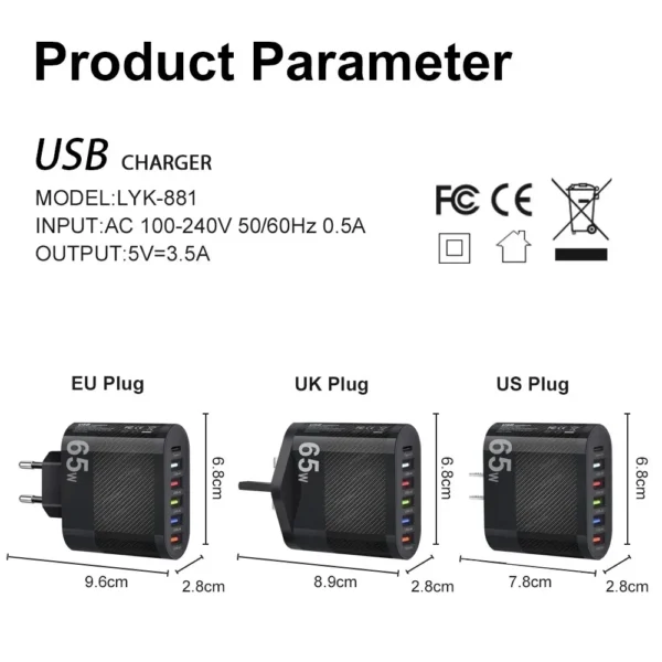 3.1A 5Ports USB Charger PD Charging Adapter For Xiaomi iPhone 13 Samsung Mobile Phone Plug Charging QC 3.0 Wall Charger - Image 2