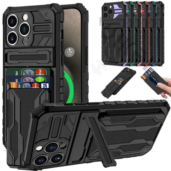 ShockProof Armor Case For iPhone 16 15 14 Pro Max Plus 13 12 11 Pro XS Max XR 8 Plus Anti Shock KickStand Bracket Card Slot Case