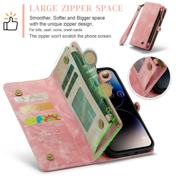 CaseMe Magnetic Flip Leather Phone Case for iPhone 16 Plus 15 14 13 12 11 Pro Max X XS XR SE 2022 8 7 Zipper Wallet Card Cover - Image 6