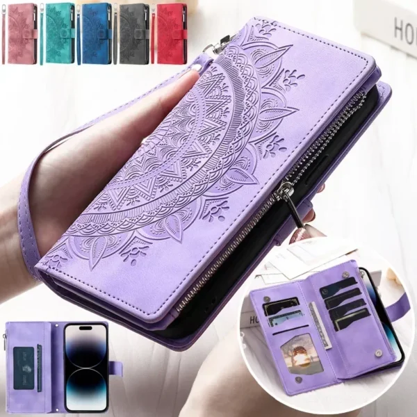 Long Lanyard Flip Leather Phone Case For iPhone 16 Pro Max 15 Plus 14 13 12 11 XS XR X SE 2022 8 7 Zipper Wallet Card Cover Etui