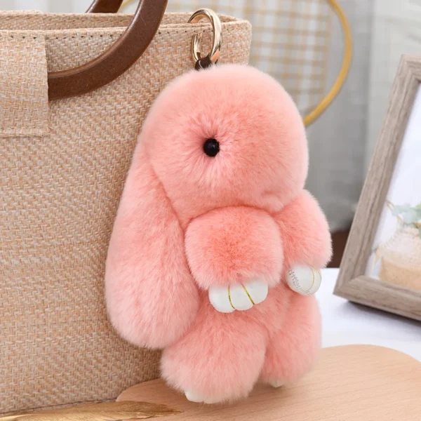 Fluffy Cute Bunny 18CM Real Fur Keychain Rex Rabbit Pom Pom Gift Toy Doll Women Bag Pendant Charm Car Key Keyring Metal ring - Image 4