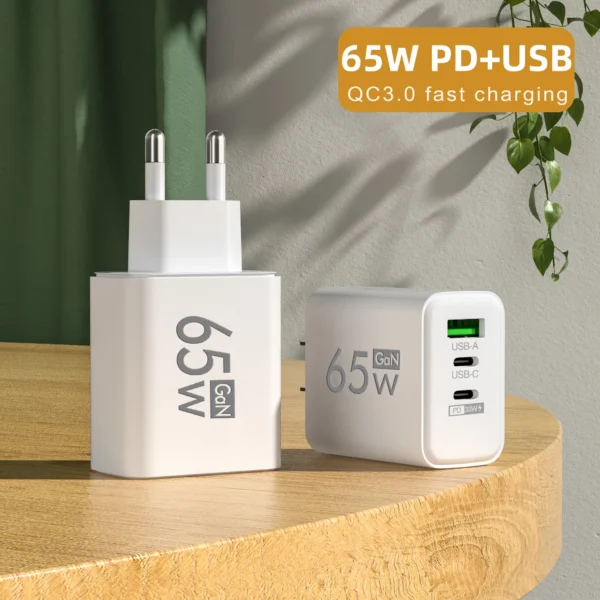 PD 65W USB C Charger GaN Charger Quick Charge 3.0 Type C Phone Adapter For iPhone 15 14 Samsung Xiaomi 3 Ports Fast Wall Charger - Image 2