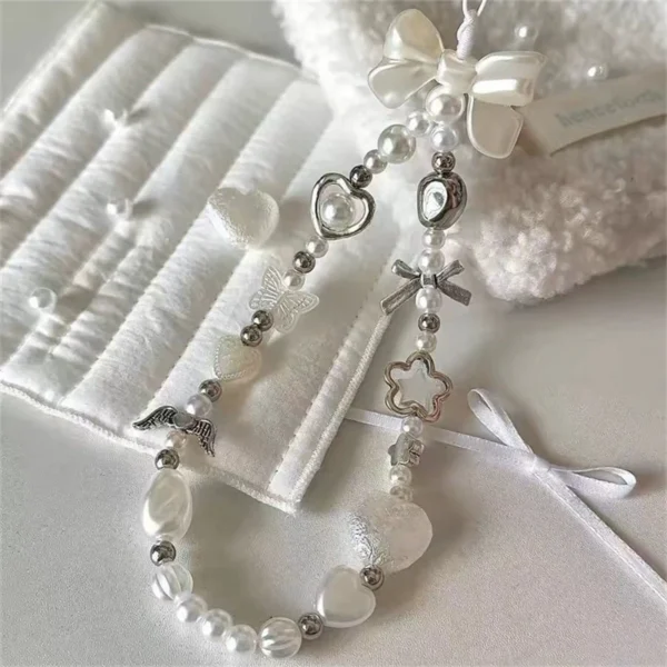 Beaded Phone Chain Charm Lanyard for iPhone Samsung, Cute Baroque White Bow, Flower Charm, Universal Accessories Jewelry Pendant