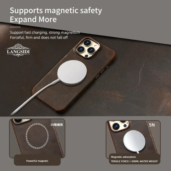 for Magsafe Case for iPhone 15 16 Pro Max 16Pro Retro Luxury Full Grain Cowhide Genuine Oiled PULL-UP Leather Magnetic Cover - Image 6