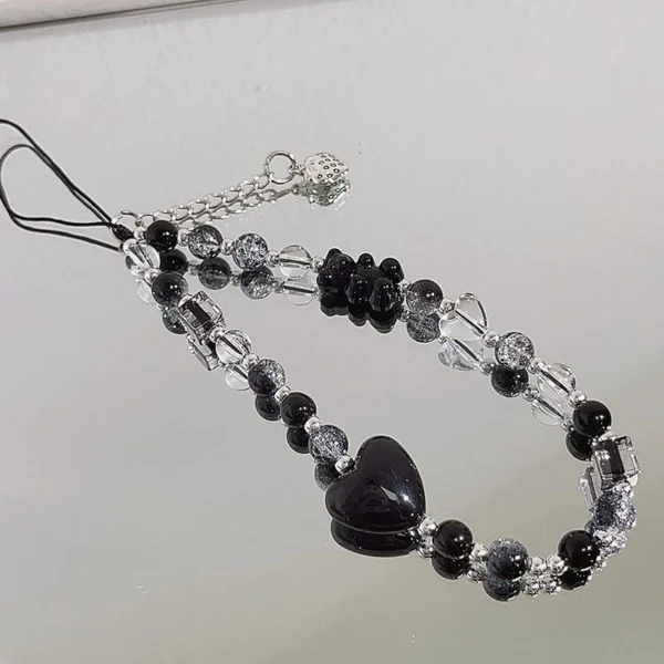 Korea Cute Black Bear Heart Beaded Phone Chain Charm Lanyard For iPhone Samsung Universal Accessories Jewelry Strawberry Pendant