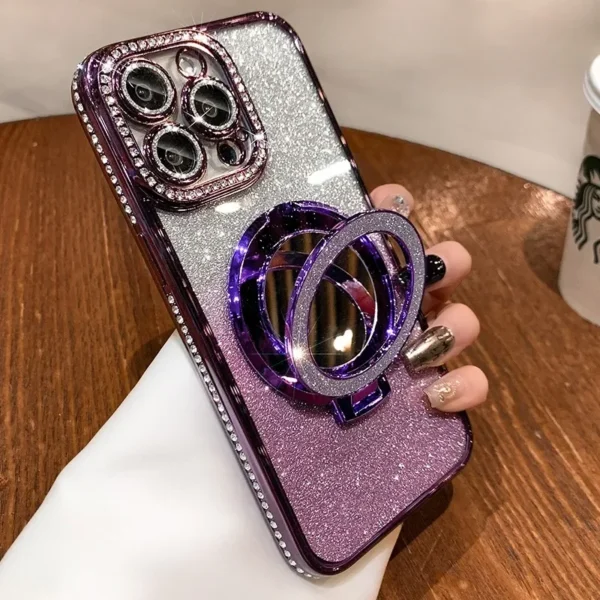 Luxury Diamond Clear Glitter Magsafe Case For iPhone 16 14 13 12 11 Pro Max 15Plus Mirror Magnetic Phone Holder Stand Soft Cover - Image 3