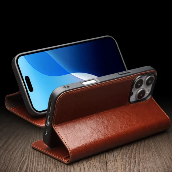 QIALINO Genuine Leather Flip Case for iPhone16 Plus Bracket Handmade Business Cover with Card Slots for iPhone 16 Pro Max/16 Pro - Image 5