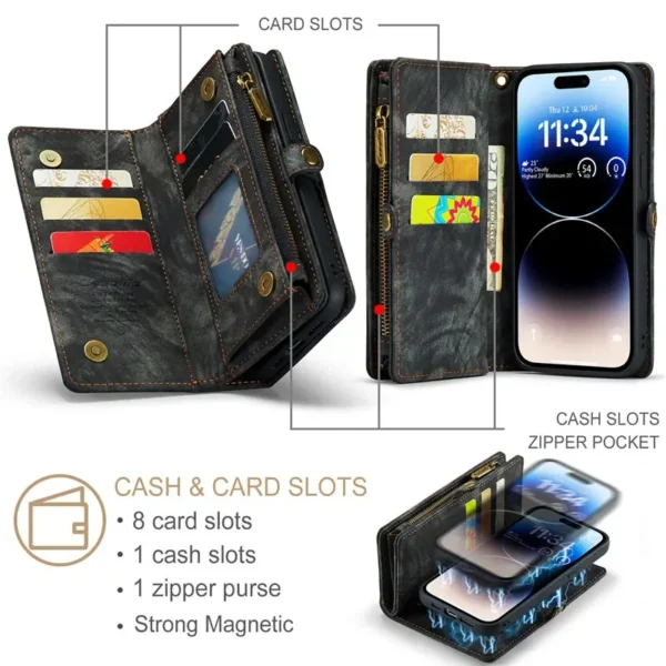 CaseMe Magnetic Flip Leather Phone Case for iPhone 16 Plus 15 14 13 12 11 Pro Max X XS XR SE 2022 8 7 Zipper Wallet Card Cover - Image 5