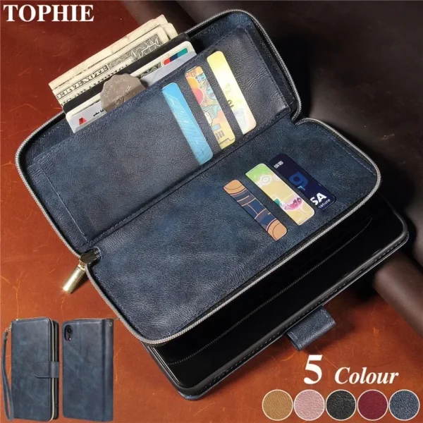 Leather Zipper Wallet Card Slot Phone Case for iPhone 16 15 14 13 12 Mini 11 Pro XS Max XR X SE 2022 8 7 Plus Flip Stand Cover