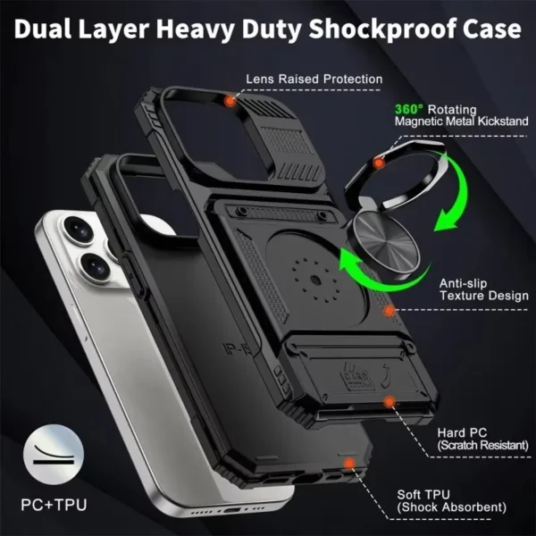 Military quality Case For iPhone 11 13 14 15 16 Pro Max Magnetic Rotated Ring Kickstand Heavy Duty Drop Protection Wallet Cover - Image 3