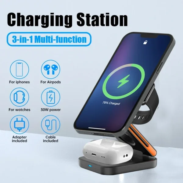 30W 3 in 1 Foldable Charging Station Fast Magnetic Wireless Charger Stand for iPhone 15 14 13 12 Apple Watch 8 7 6 Airpods Pro - Image 3