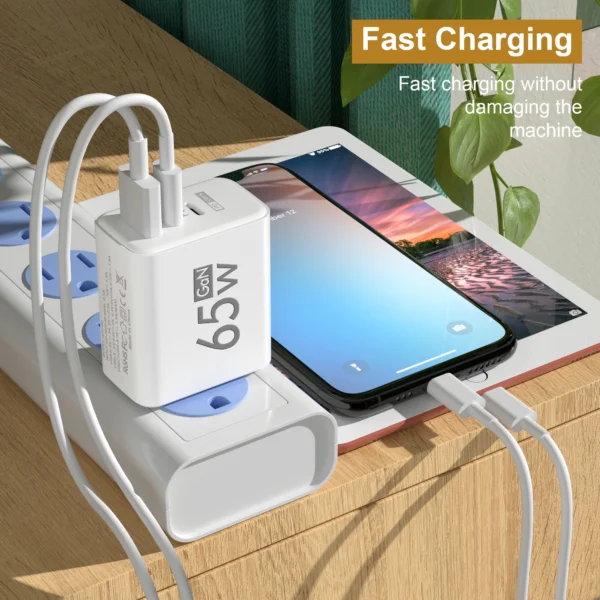 PD 65W USB C Charger GaN Charger Quick Charge 3.0 Type C Phone Adapter For iPhone 15 14 Samsung Xiaomi 3 Ports Fast Wall Charger - Image 3