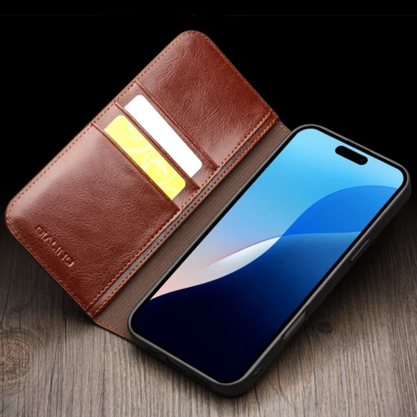 QIALINO Genuine Leather Flip Case for iPhone16 Plus Bracket Handmade Business Cover with Card Slots for iPhone 16 Pro Max/16 Pro - Image 4