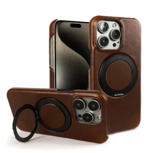 Luxury 360° Rotating Magnetic Holder Genuine Leather Case For iphone 15 Pro Max 16Pro 14Pro 13 12 11 Magsafe Charging Back Cover