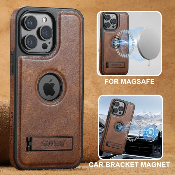 SUTENI Luxury PU Leather MagSafe Magnetic Wireless Charging Case Stand Phone Case For iPhone 16 Pro Max 15 Plus 14 13 12 - Image 2