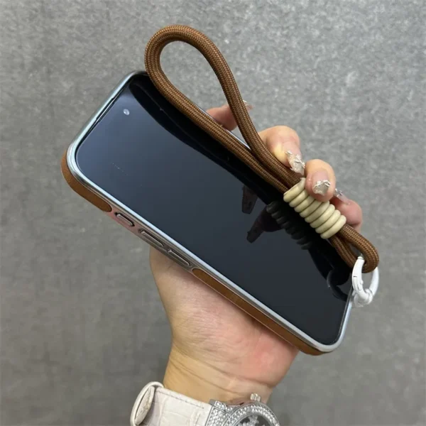 Business Plating Leather Case for iPhone 16 15 11 12 13 Pro Max 16 Plus Wrist Strap Hand Chain Kick-stand Fold Bracket PC Cover - Image 5