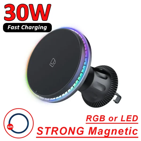 30W Magnetic Car Wireless Charger RGB For iPhone 12 13 14 15 Pro Max Macsafe Car Phone Holder Stand Mount Fast Charging Station